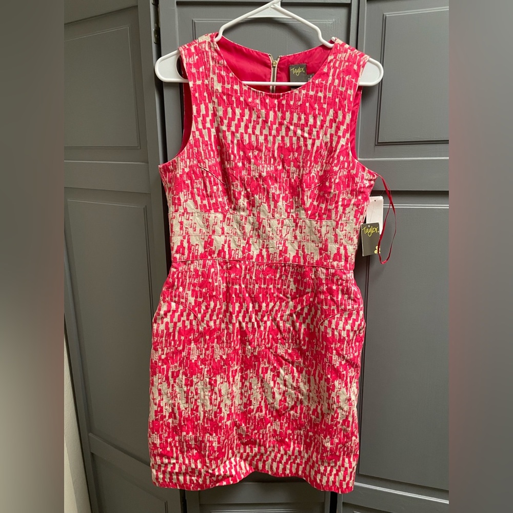 NWT size 8 geometric magenta pink and tan cocktail dress
